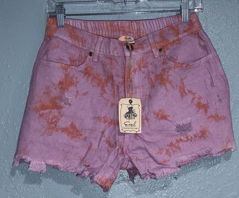 Easel Los Angeles Tie-Dye Distressed Raw-Hem Denim Shorts